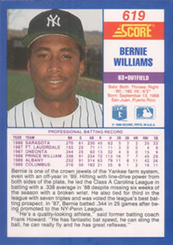 1990 Score #619 Bernie Williams Back