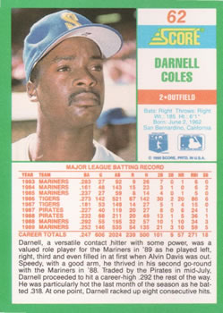 1990 Score #62 Darnell Coles Back