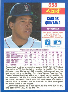 1990 Score #658 Carlos Quintana Back