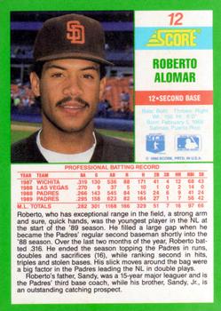 1990 Score #12 Roberto Alomar Back