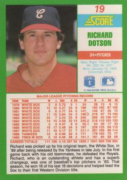 1990 Score #19 Richard Dotson Back