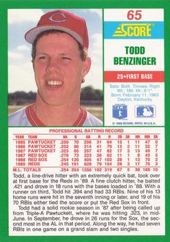 1990 Score #65 Todd Benzinger Back
