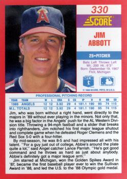 1990 Score #330 Jim Abbott Back