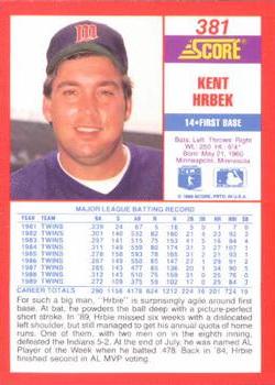 1990 Score #381 Kent Hrbek Back