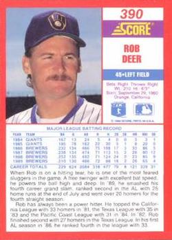 1990 Score #390 Rob Deer Back