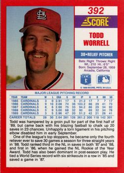 1990 Score #392 Todd Worrell Back