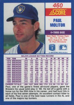 1990 Score #460 Paul Molitor Back