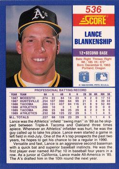 1990 Score #536 Lance Blankenship Back