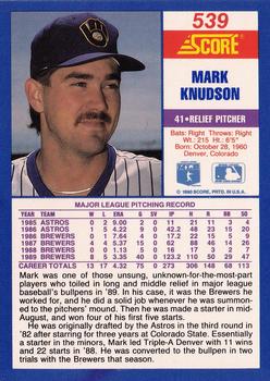 1990 Score #539 Mark Knudson Back