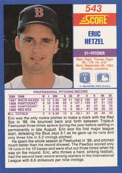 1990 Score #543 Eric Hetzel Back