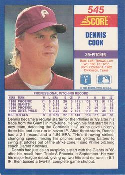 1990 Score #545 Dennis Cook Back