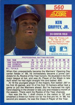 1990 Score #560 Ken Griffey, Jr. Back