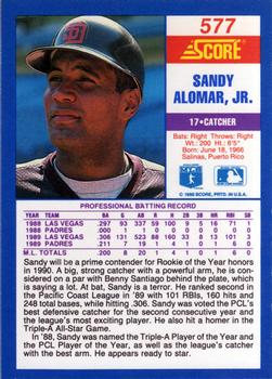 1990 Score #577 Sandy Alomar, Jr. Back