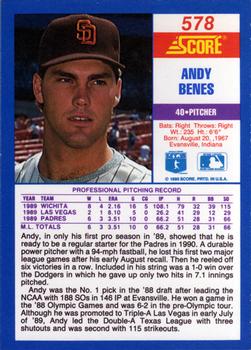 1990 Score #578 Andy Benes Back