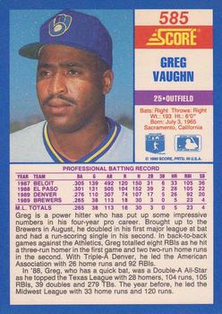 1990 Score #585 Greg Vaughn Back