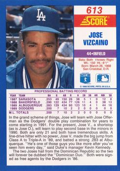 1990 Score #613 Jose Vizcaino Back