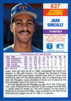 1990 Score #637 Juan Gonzalez Back