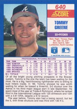 1990 Score #640 Tommy Greene Back