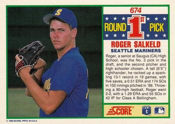 1990 Score #674 Roger Salkeld Back