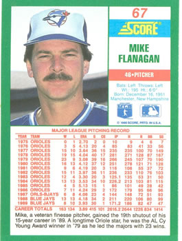 1990 Score #67 Mike Flanagan Back
