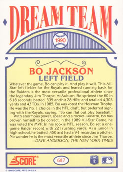 1990 Score #687 Bo Jackson Back