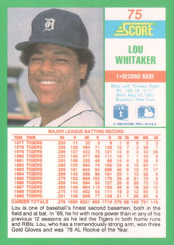 1990 Score #75 Lou Whitaker Back