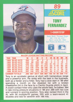 1990 Score #89 Tony Fernandez Back