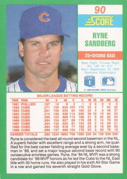 1990 Score #90 Ryne Sandberg Back
