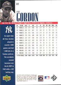 2000 Upper Deck Yankees Legends #22 Joe Gordon Back