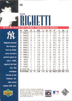 2000 Upper Deck Yankees Legends #46 Dave Righetti Back