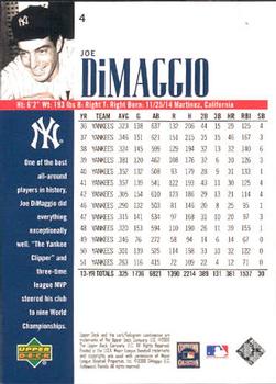 2000 Upper Deck Yankees Legends #4 Joe DiMaggio Back