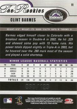 2003 Donruss/Leaf/Playoff (DLP) Rookies & Traded - 2003 Donruss Rookies & Traded Autographs #11 Clint Barmes Back
