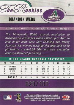 2003 Donruss/Leaf/Playoff (DLP) Rookies & Traded - 2003 Donruss Rookies & Traded Autographs #13 Brandon Webb Back