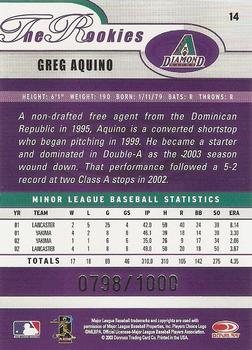 2003 Donruss/Leaf/Playoff (DLP) Rookies & Traded - 2003 Donruss Rookies & Traded Autographs #14 Greg Aquino Back