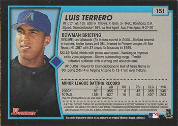 2001 Bowman #151 Luis Terrero Back