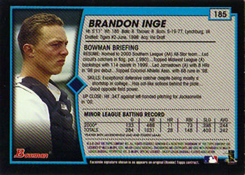 2001 Bowman #185 Brandon Inge Back