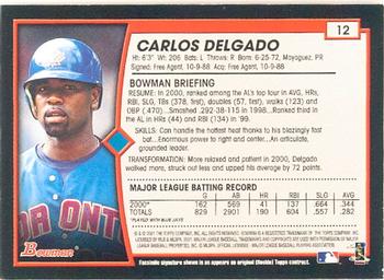 2001 Bowman #12 Carlos Delgado Back