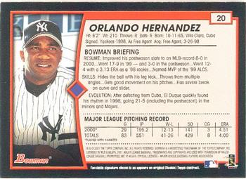 2001 Bowman #20 Orlando Hernandez Back