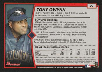 2001 Bowman #27 Tony Gwynn Back