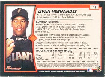 2001 Bowman #41 Livan Hernandez Back
