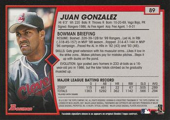 2001 Bowman #89 Juan Gonzalez Back