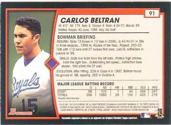 2001 Bowman #91 Carlos Beltran Back
