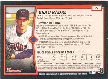 2001 Bowman #92 Brad Radke Back