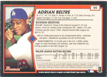 2001 Bowman #99 Adrian Beltre Back