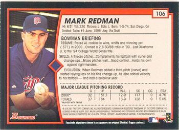2001 Bowman #106 Mark Redman Back