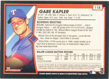 2001 Bowman #118 Gabe Kapler Back