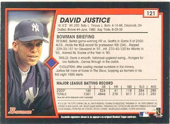 2001 Bowman #121 David Justice Back