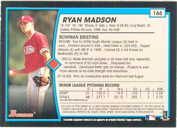 2001 Bowman #166 Ryan Madson Back