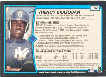 2001 Bowman #182 Yhency Brazoban Back