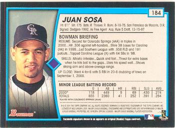 2001 Bowman #184 Juan Sosa Back